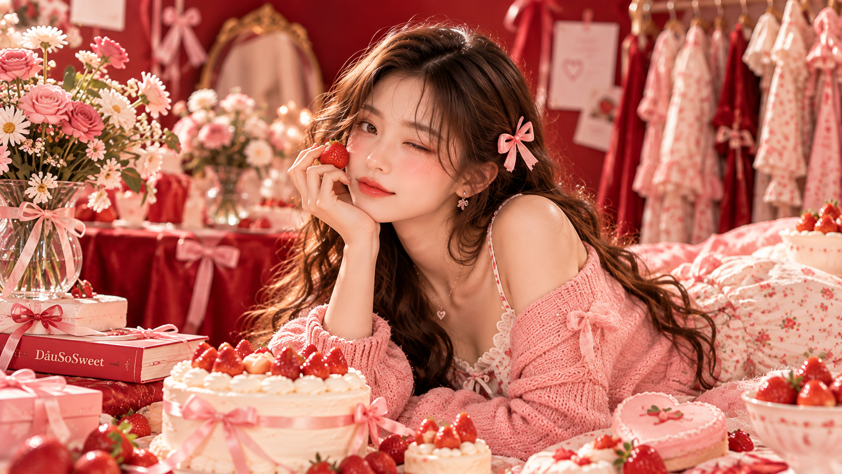 Hai cô gái trong bộ đồ hồng tại khu vườn DâuSoSweet